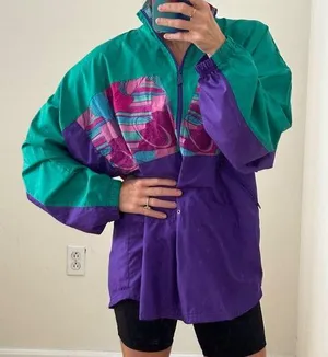 Vinatge 90s Reebok Windbreaker Cinch Waist Full Zip Green/Purple Abstract Design thumbnail 1