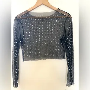 Pearl Rhinestone Sheer mesh top see through tee Crop Top Sz‎ Large Long Sleeve thumbnail 3