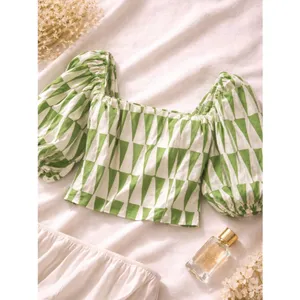 Anthropologie Maison d’Amé Paris Green White Geometric Puff Sleeve Crop Top L thumbnail 2