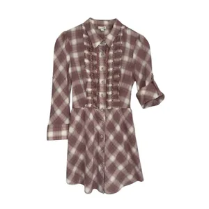 Anthropologie Odille Mauve Plaid Ruffle Button Down Tunic Roll Tab Sleeve Size 6 thumbnail 2