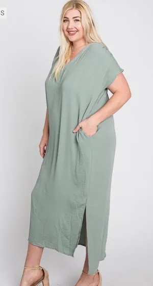 Sage Green Flowy Boxy Cut Sleeveless Maxi Dress with Pockets Jade by Jane NEW thumbnail 1