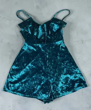 Urban Outfitters Teal Green Crushed Velvet Ruffle Romper‎ - XS thumbnail 1