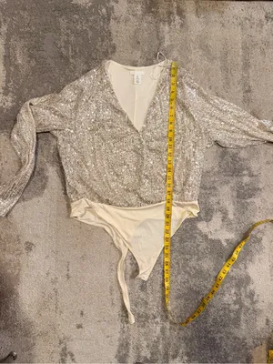 H&M Sequin V-Neck Bodysuit in Cream thumbnail 7