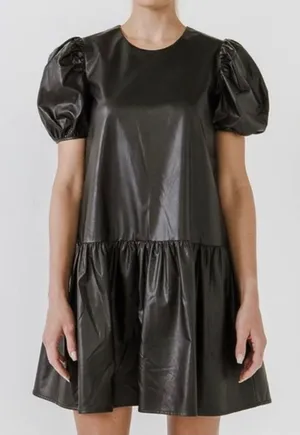 English Factory Faux Leather Puff Sleeve Dress Black thumbnail 1