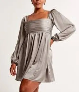 Abercrombie Emerson Long Balloon Puff Sleeve Satin Mini Babydoll Dress Gold XL P thumbnail 1