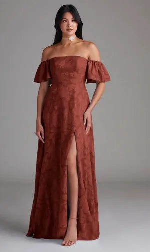 Azazie Off-Shoulder Rust Floral Jacquard Gown with Front Slit thumbnail 1