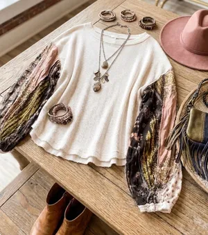 We The Free (Free People) "Blossom" Thermal Patchwork Sleeve Top thumbnail 1