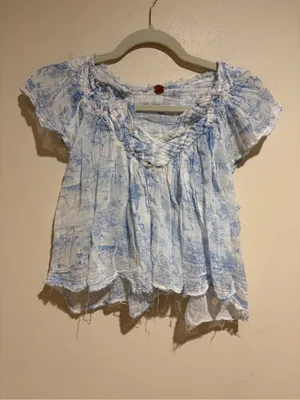 Free People FP One Printed Padma Top White Blue Toile Pattern Crop Blouse Top S thumbnail 4