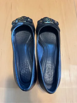 Tory Burch Black Leather Peep-Toe Heels with Gold Logo Accent thumbnail 2