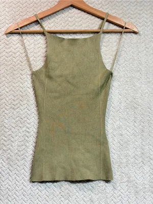 Zara Tan Ribbed Knit High Neck Halter Tank Top Small 90s Minimalist Y2K Cami thumbnail 5