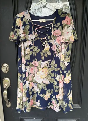 Show Me Your Mumu Kylie Lace Up Floral Dress Navy Blue XS Short Sleeve Mini thumbnail 1