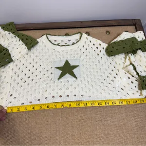 Star Crochet Knit Cropped Sweater Women Small Cream Green Long Sleeve Boho thumbnail 4