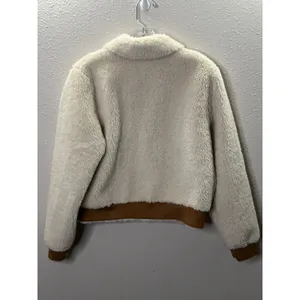 AQUA Womens Faux Fur Suede Mixed Media Bomber Jacket Cream Cognac XS Full‎ Zip thumbnail 2