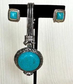 Boho Western Faux Turquoise Bracelet and Gold and Silver Tone Earrings thumbnail 1