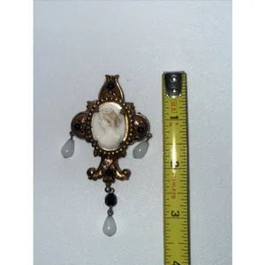 Vintage Victorian Revival Cameo Dangle Brooch Faux Pearl Unmarked thumbnail 3