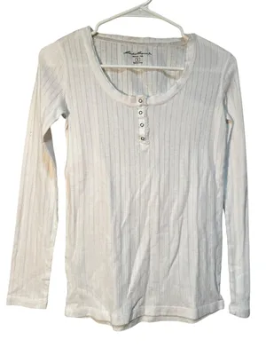 Eddie Bauer Women's Size Small Scoop Neck Henley Top White Lace Ribbed Cotton thumbnail 1