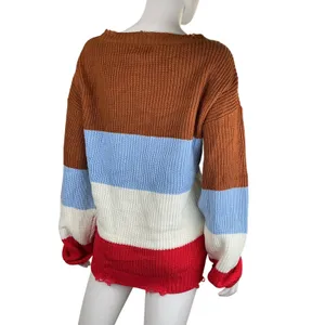POL Striped V Neck Distressed Sweater‎ Size L Brown Blue White Red thumbnail 5