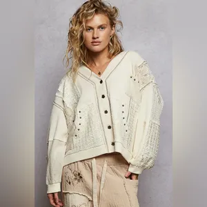 POL Lg Cream Patchwork V-Neck Button Front Cardigan thumbnail 5