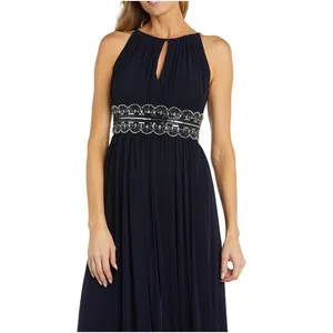 NEW R&M Richards 1289 Maxi Dress Navy Beaded Waist Formal Womens Size 8 thumbnail 2