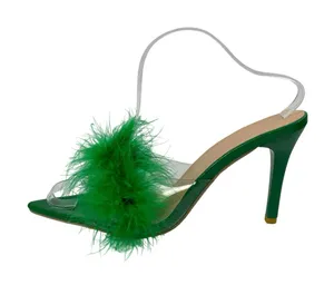 Women's Green Clear Strap Feather Trim Pointed Toe Stiletto Heels Sandals Sz 9.5 thumbnail 1