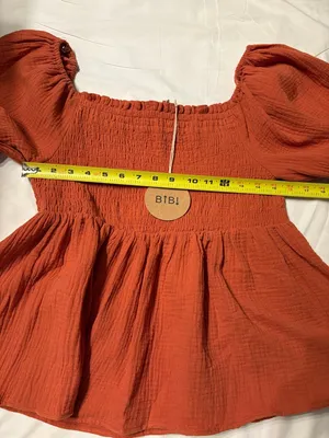 BiBi Rust Smocked Off-Shoulder Gauzy Cotton Peasant Blouse Coquette SZ L NWT thumbnail 6