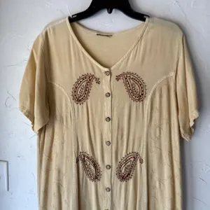 Vintage‎ Embroidered Paisley Button Front Dress Tan Beige Boho Midi L thumbnail 2