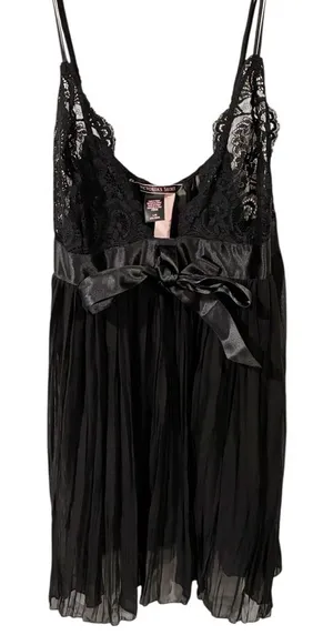Victoria’s Secret Very Sexy Black Pleated‎ Lace Babydoll Ribbon Front Size Large thumbnail 1