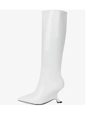 NEW White Patent Metallic Boots Knee High Sculptural Wedge Heel Boots 8.5 thumbnail 3