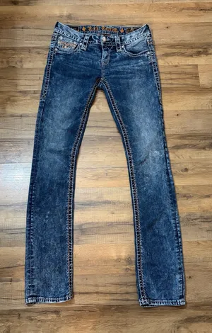 Rock Revival Luisa low rise straight med wash faded Embellished denim jeans 27 thumbnail 1