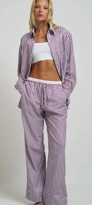 Gooseberry Intimates Le Boyfriend Unisex Plum Striped Poplin Lounge Pants M NEW thumbnail 1