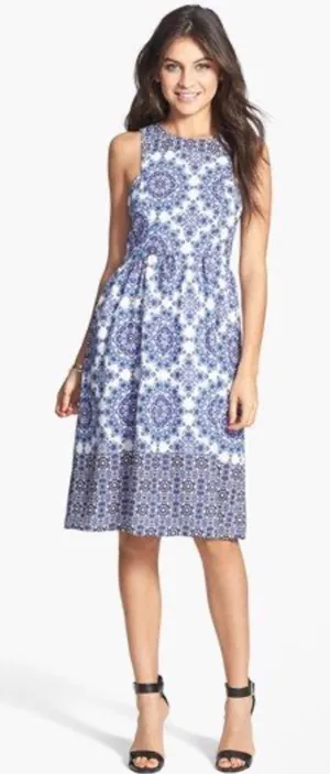 EVERLY | Women's Sleeveless Blue‎ White Geometric Print Fit Flare Midi Dress, S thumbnail 1