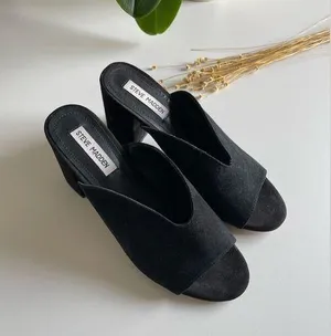 Steve Madden Chance black suede block heel slides sandals thumbnail 1