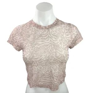 Aritzia TNA Brooklyn Pink Animal Print Mesh Sheer Crew Short Sleeve Crop Top S thumbnail 2