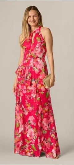 Adrianna Papell Women Dress 6 Pink Multi Mermaid Floral Ruffle Gown thumbnail 1