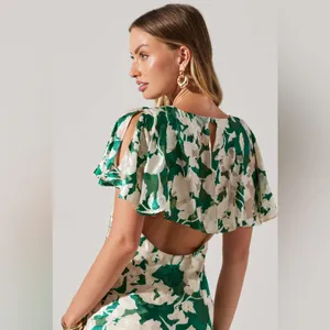 ASTR‎ the Label Velvet Burnout Midi Dress XS Green Floral Open Back Thigh Slit thumbnail 8