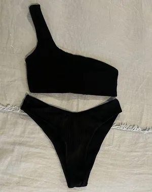 Zaful Black Ribbed One Shoulder Bikini thumbnail 1