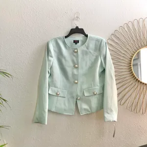 NWT JM Studio John Meyer Light Mint Green Tweed Blazer Jacket Pearl Gold Button Linen Blend Preppy Old Money Office Siren #Regal #Regency Women M Measurement in pics thumbnail 2