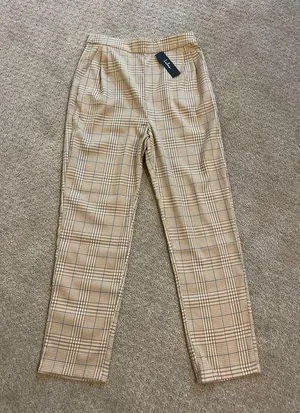 NWT- Lulus Brown & Cream Plaid High Waist Pleat Pants thumbnail 1