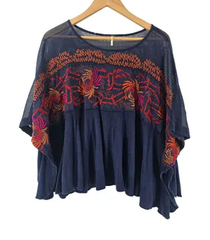 Free‎ People Poncho Top Womens S OB725011 Navy Blue Embroidered Mesh EUC thumbnail 1