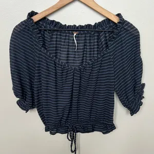 Free People Dorothy Cropped Top Peasant Style Black Blue Navy Stripe Size XS thumbnail 6