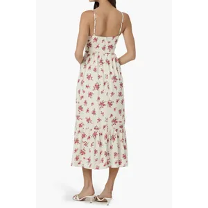 ASTR The Label Ivory Pink Red Floral Pleated Sweetheart Midi Dress Strappy M thumbnail 3