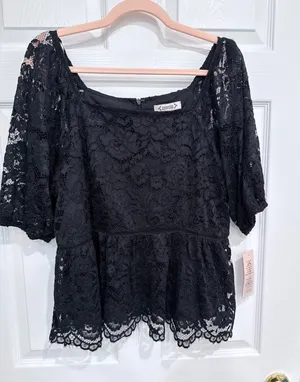 Black Floral Lace Peplum Top Square Neck NWT Size L‎ thumbnail 1