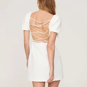 Louna White Bodycon Peasant Mini Dress LARGE Bridal Cotton Corset Cottage $160 thumbnail 3