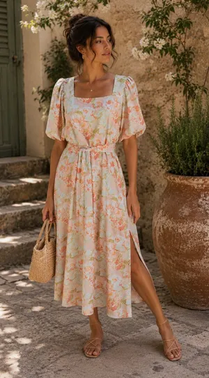 Gibson Latimer Floral Puff Sleeve Midi Dress Belted Size L thumbnail 1