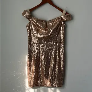 Lulus Magic Maker Gold Metallic Off-the-Shoulder Bodycon Mini Dress size Med thumbnail 3