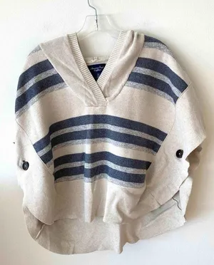 American Eagle Striped Sweater Poncho Tan Navy Blue Size XS thumbnail 3