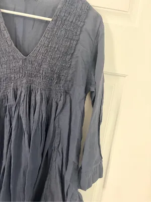 Smocked V-Neck Midi Dress in Slate Blue thumbnail 3