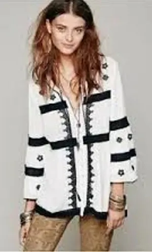 Free People White Button Down Top Black Embroidery & Lace Detail Boho Festival thumbnail 1