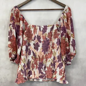 Old Navy Smocked Puff Sleeve Floral Top Women XXL Stretch‎ Flowy Cottage Boho thumbnail 2