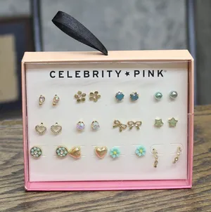 NWT Celebrity Pink Flower Heart Rhinestone Gem Stud Earrings 12 Pack Gold Multi thumbnail 1